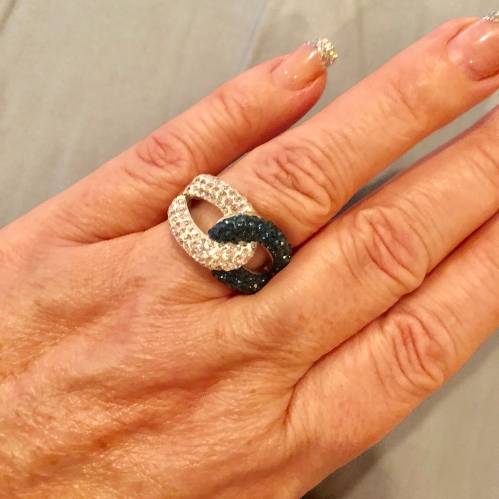 JCM sterling ring with clear and blue crystals